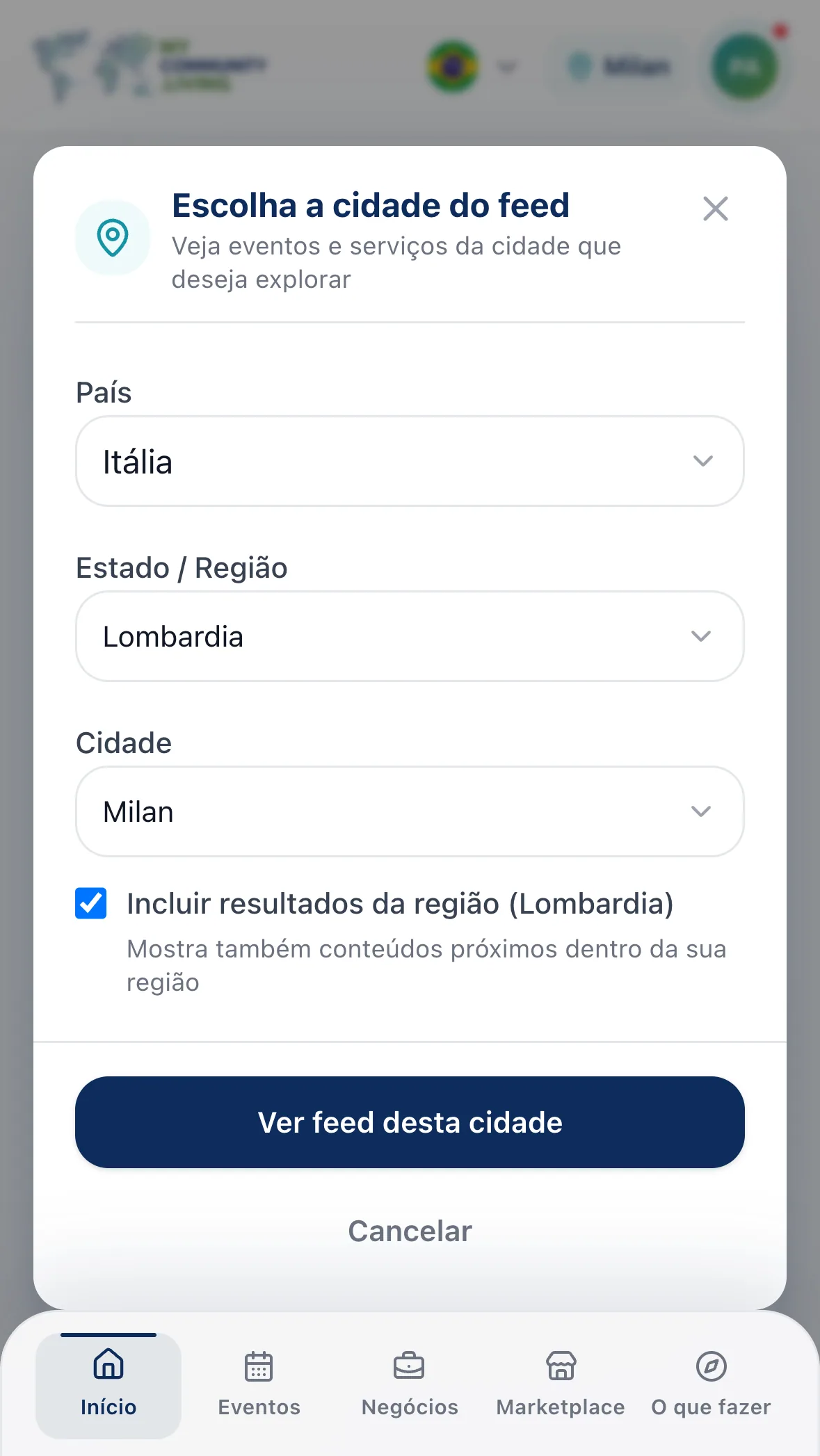 City selector filled with Italy, Lombardy and Milan