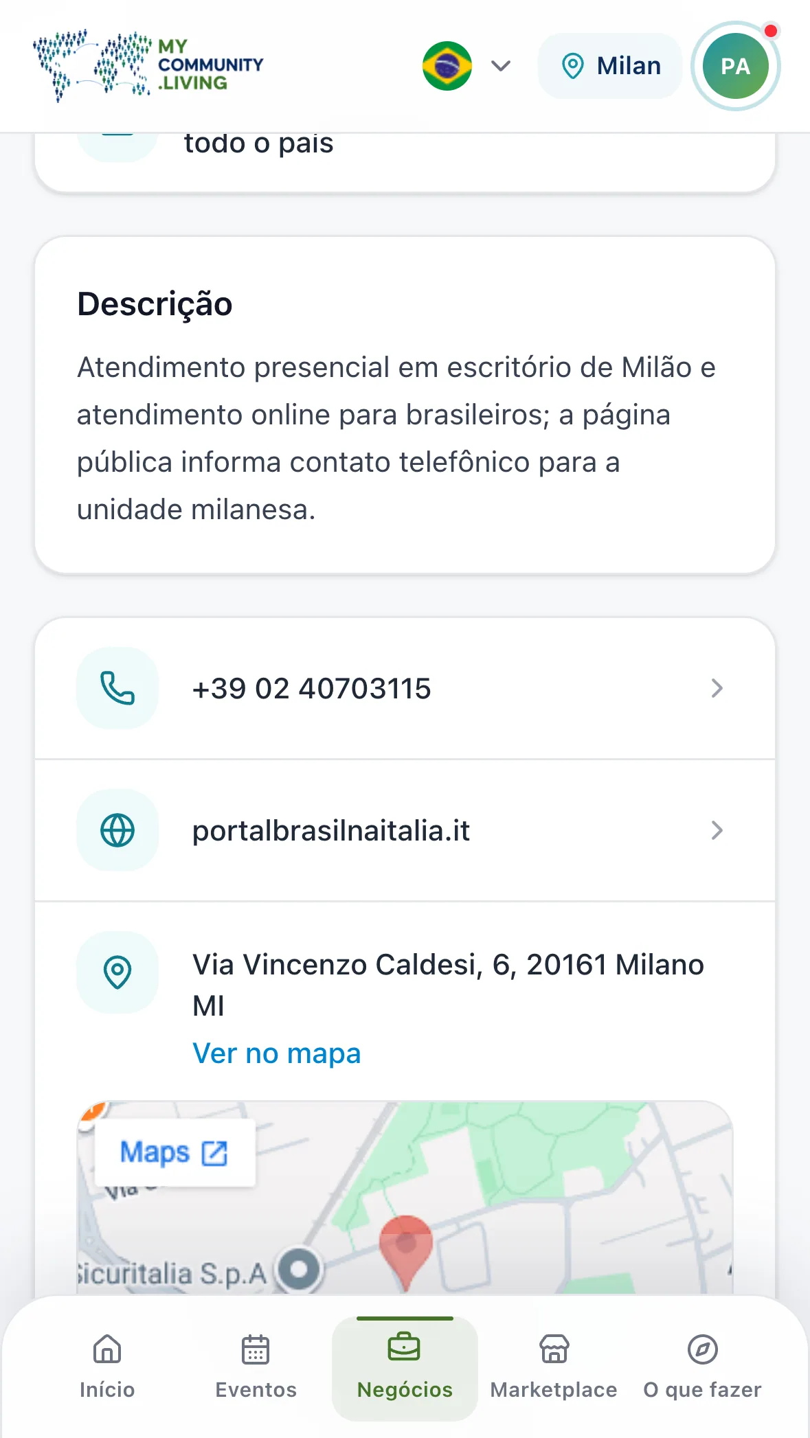 Service detail with phone, website and location contact options